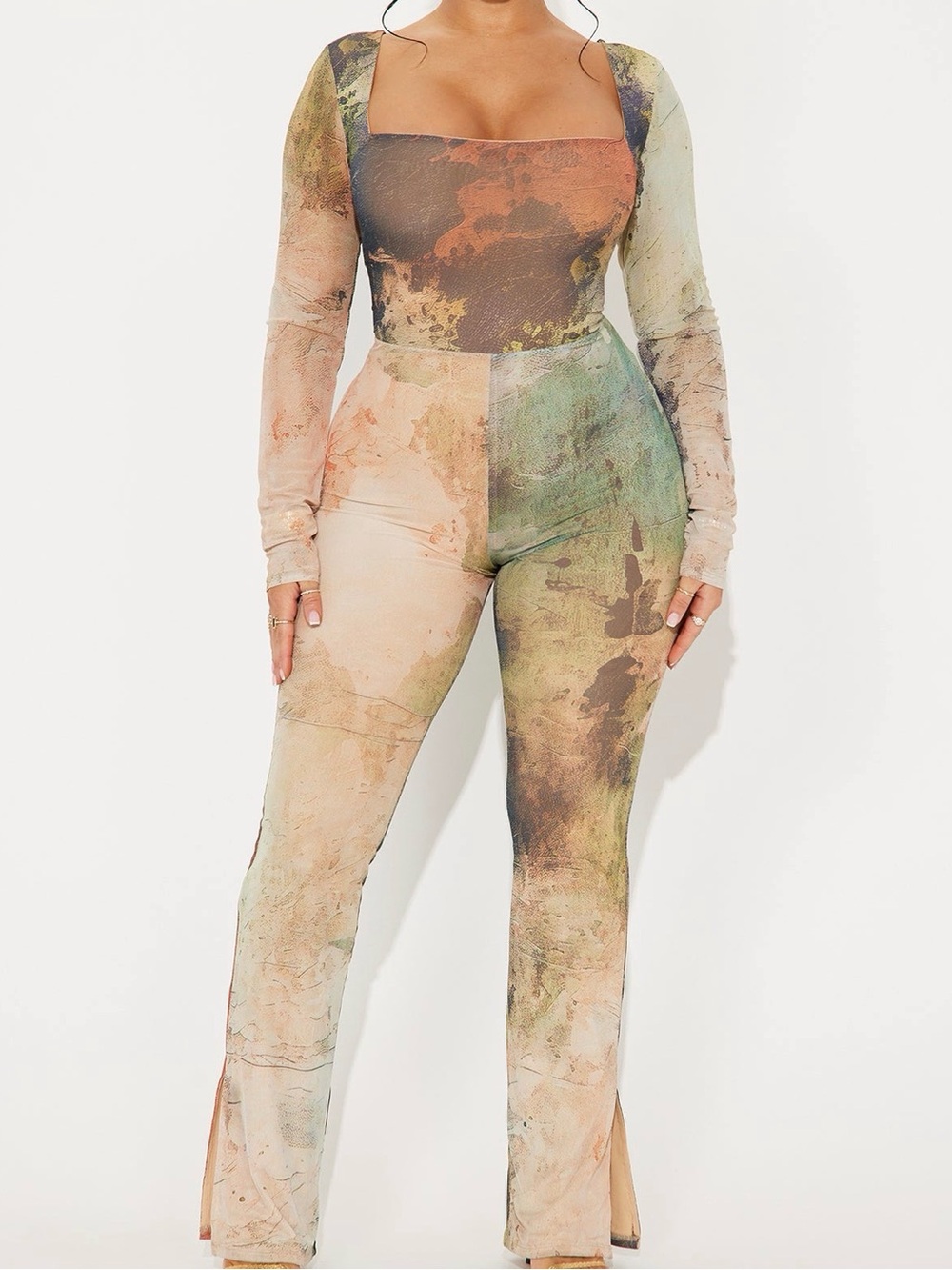 Fashion Nova Tie-Dye Boot Cut Jumpsuit in Green and Beige